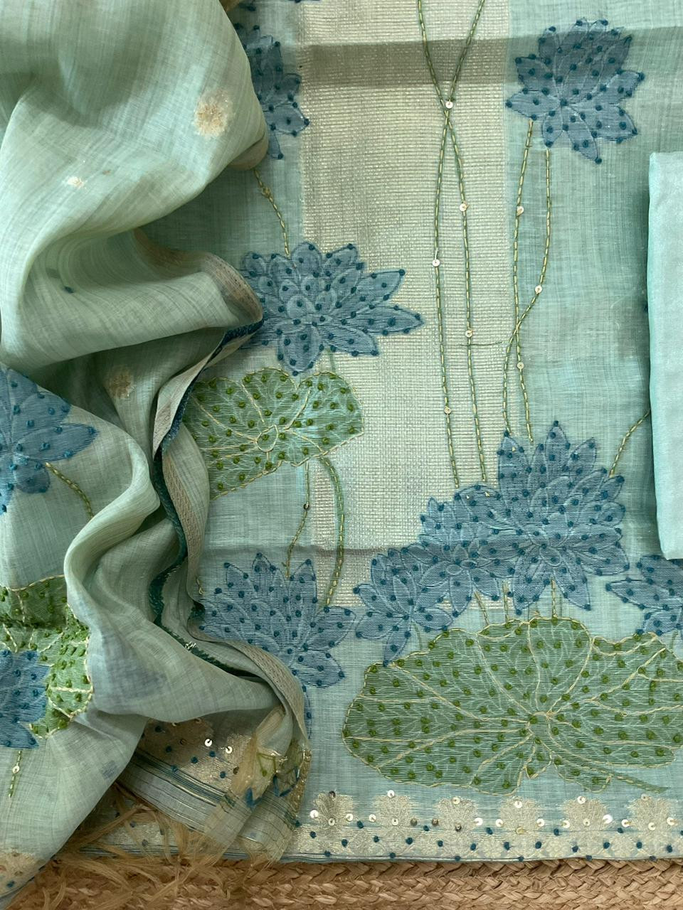 Soft Slub Chanderi Jamdani Weaved Embroidered Suit - Blue