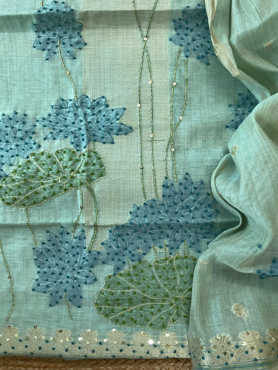 Soft Slub Chanderi Jamdani Weaved Embroidered Suit - Blue