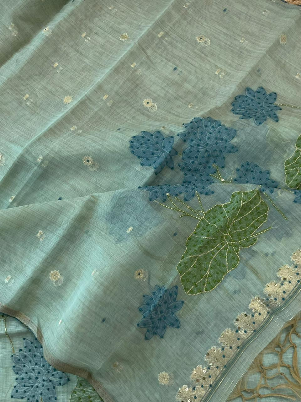 Soft Slub Chanderi Jamdani Weaved Embroidered Suit - Blue