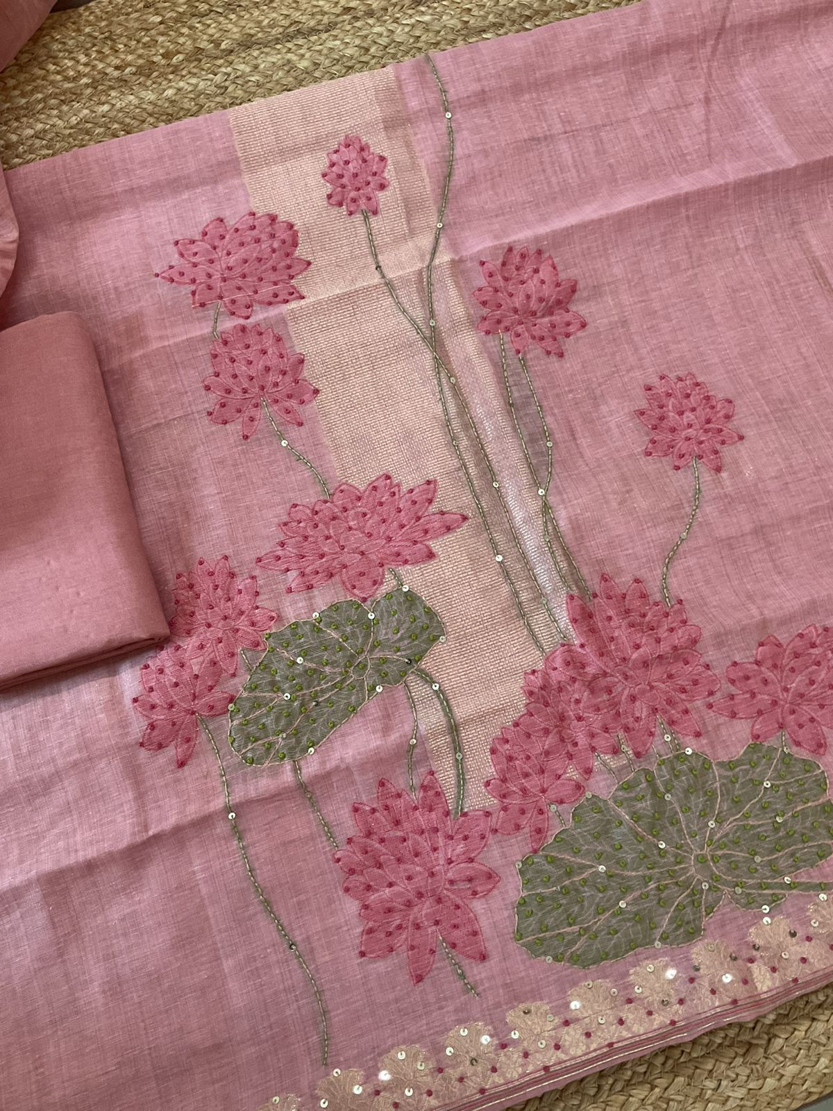 Soft Slub Chanderi Jamdani Weaved Embroidered Suit - Pink