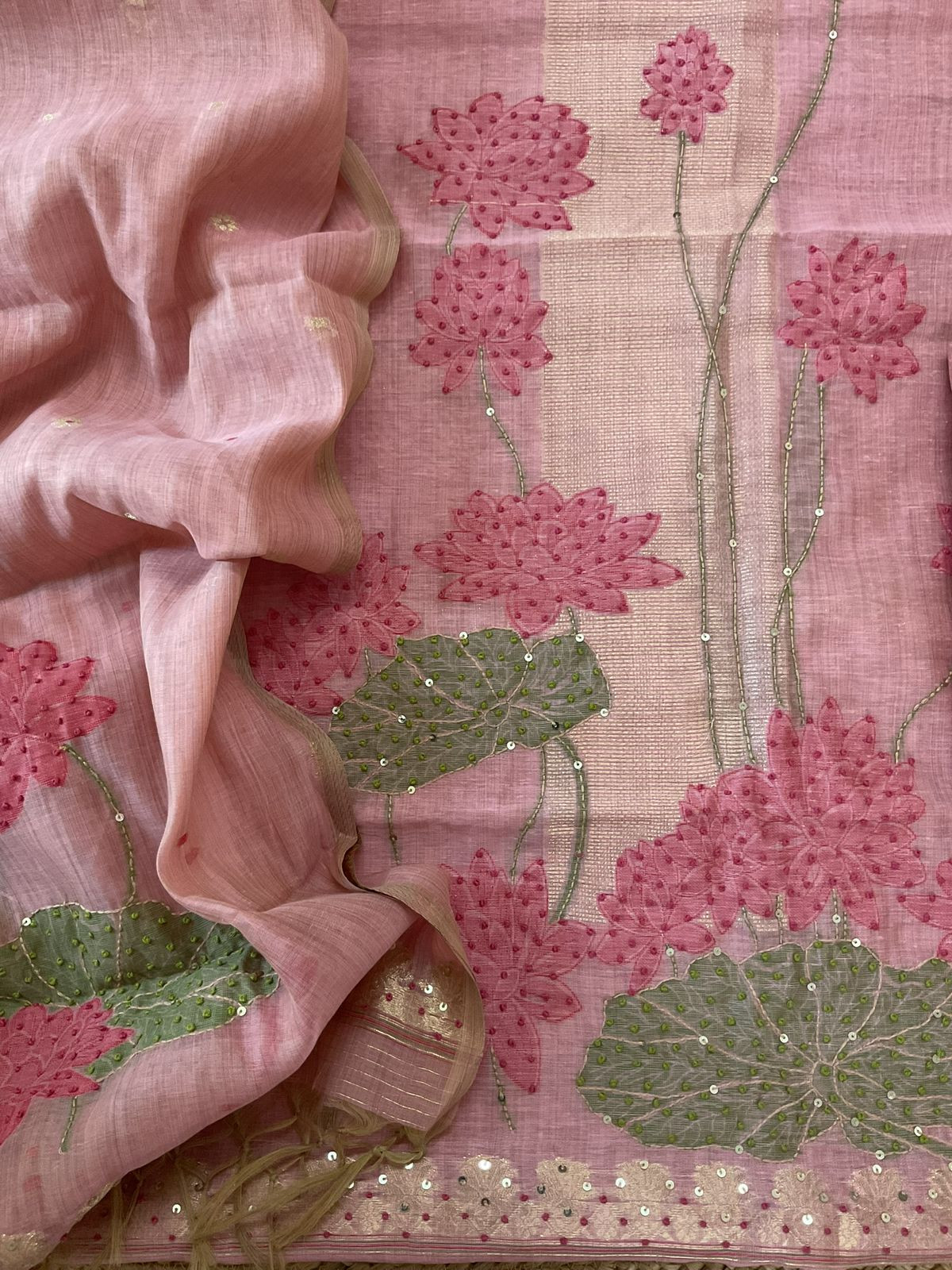 Soft Slub Chanderi Jamdani Weaved Embroidered Suit - Pink