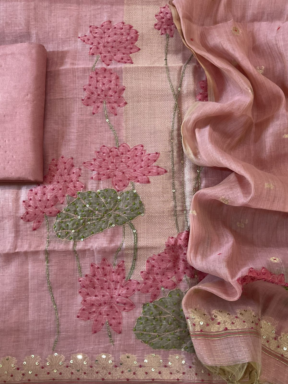 Soft Slub Chanderi Jamdani Weaved Embroidered Suit - Pink