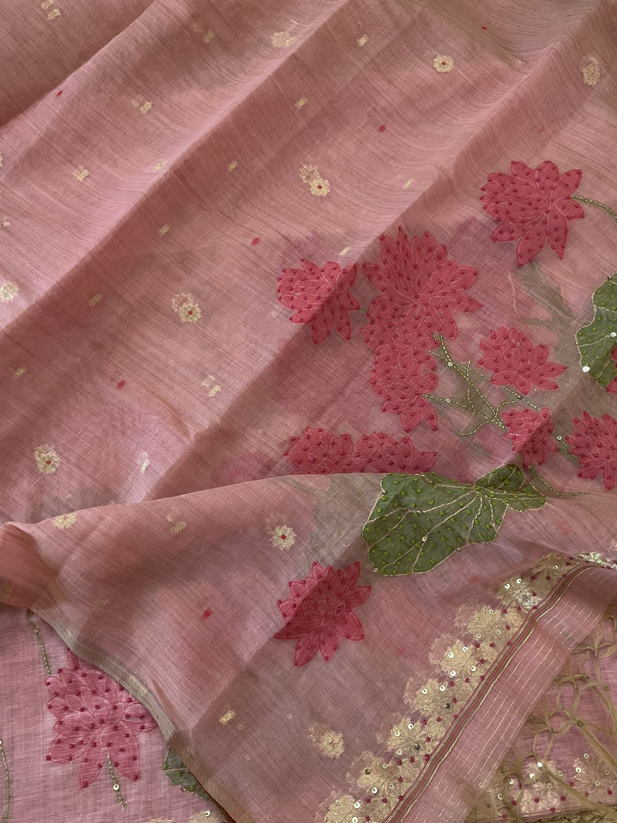 Soft Slub Chanderi Jamdani Weaved Embroidered Suit - Pink