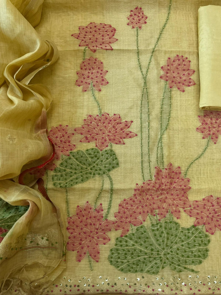 Image of Soft Slub Chanderi Jamdani Weaved Embroidered Suit - Yellow