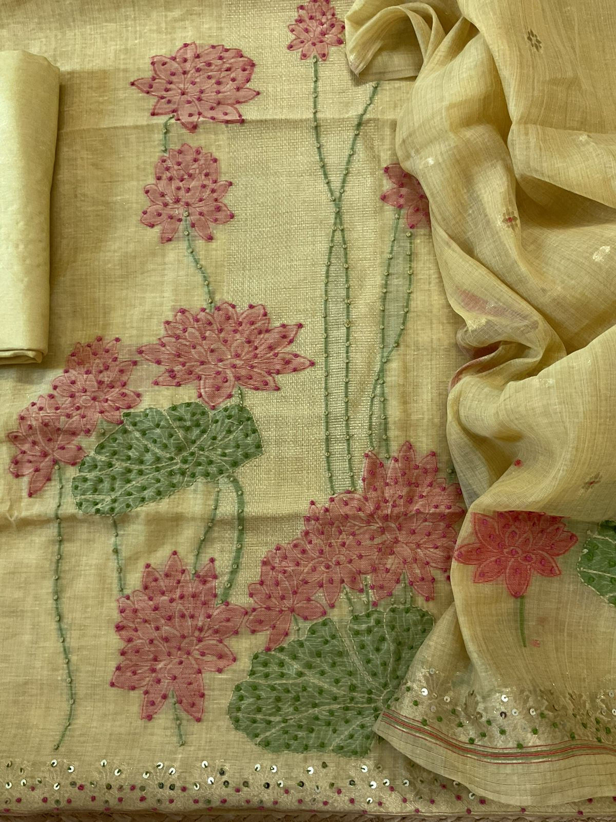 Soft Slub Chanderi Jamdani Weaved Embroidered Suit - Yellow