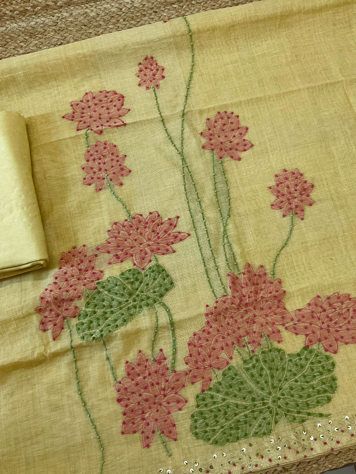 Soft Slub Chanderi Jamdani Weaved Embroidered Suit - Yellow