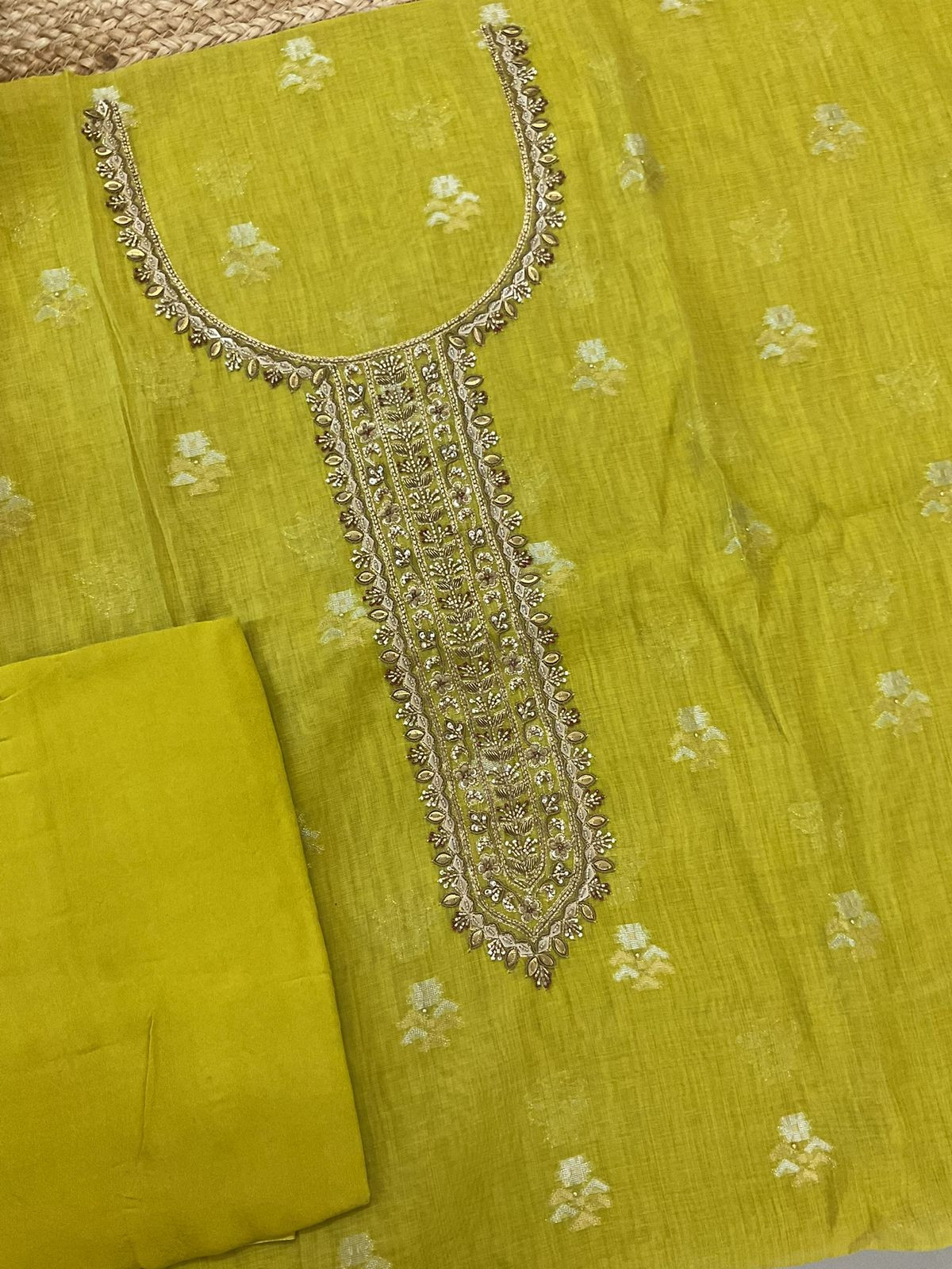 Pure Slub Chanderi Banarasi Weaved Embroidered Suit - Lime Yellow
