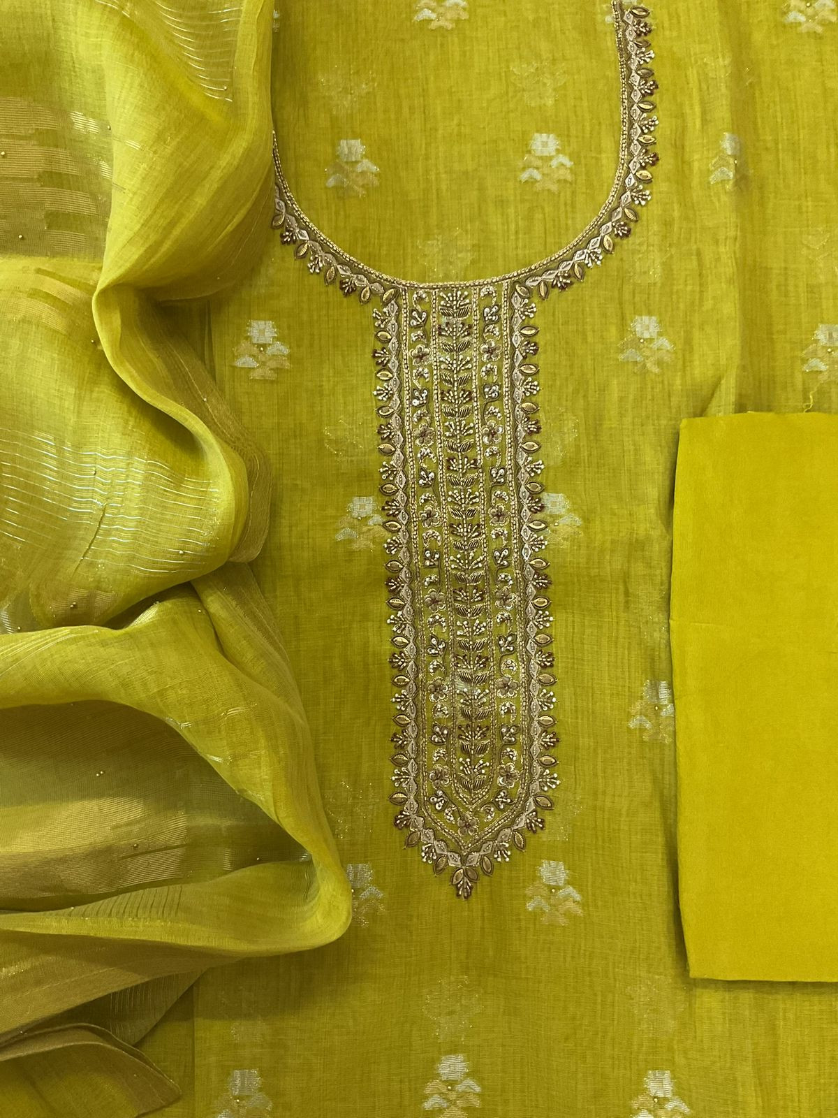 Pure Slub Chanderi Banarasi Weaved Embroidered Suit - Lime Yellow