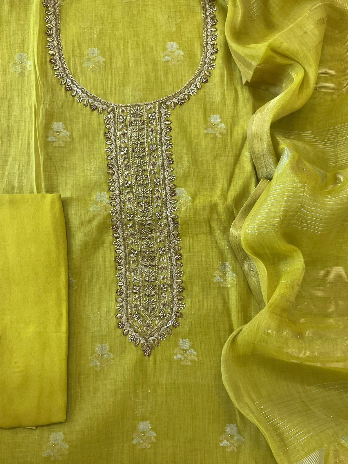 Pure Slub Chanderi Banarasi Weaved Embroidered Suit - Lime Yellow