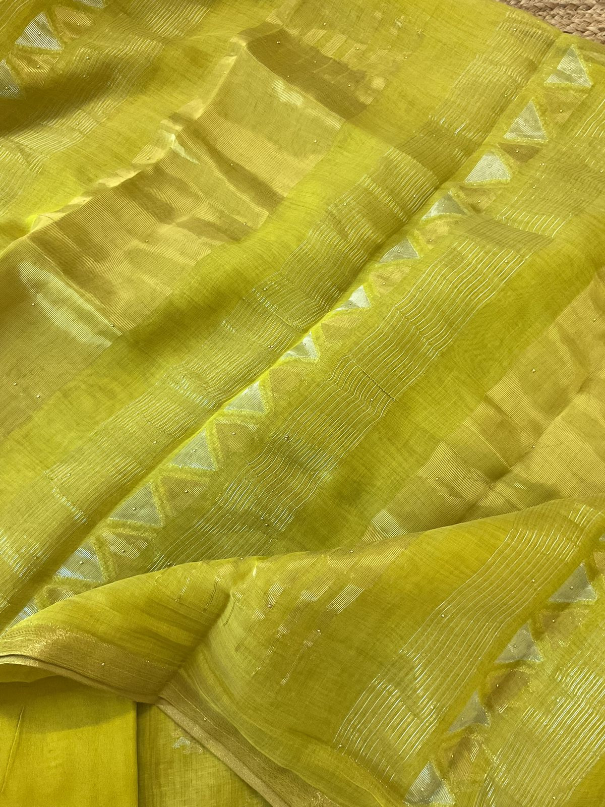 Pure Slub Chanderi Banarasi Weaved Embroidered Suit - Lime Yellow