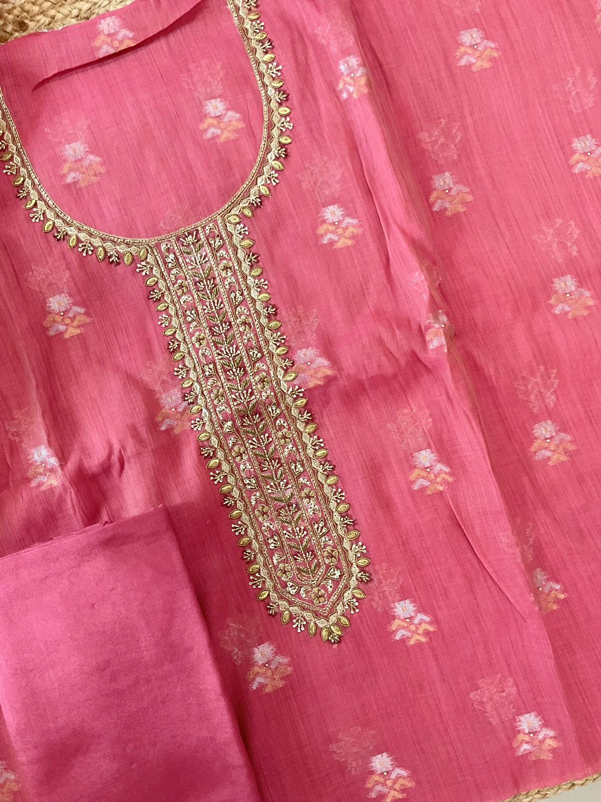 Pure Slub Chanderi Banarasi Weaved Embroidered Suit - Pink