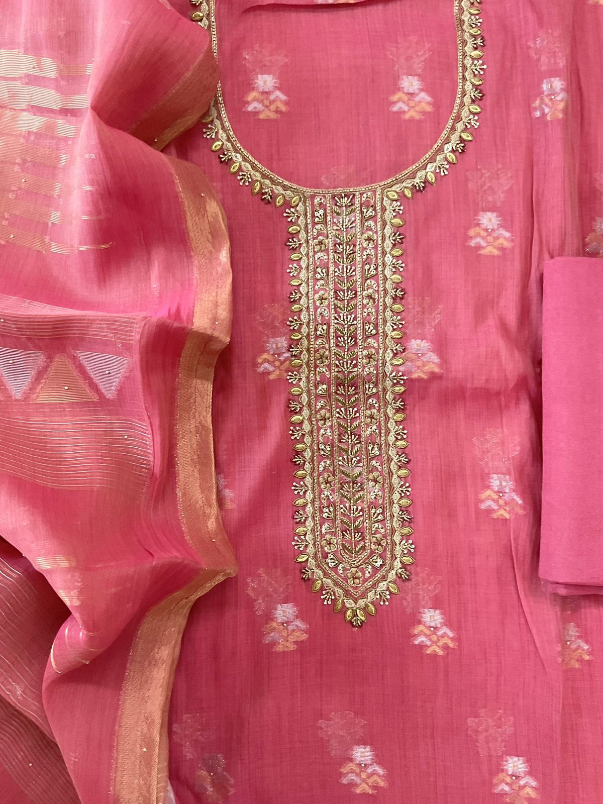 Pure Slub Chanderi Banarasi Weaved Embroidered Suit - Pink