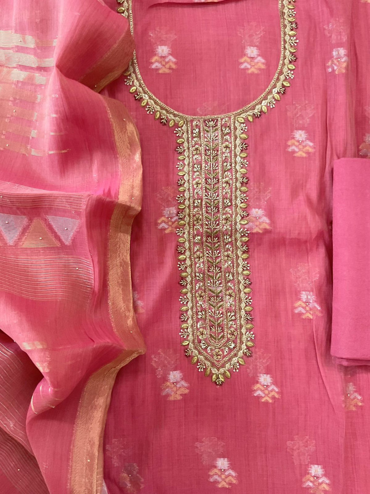 Image of Pure Slub Chanderi Banarasi Weaved Embroidered Suit - Pink