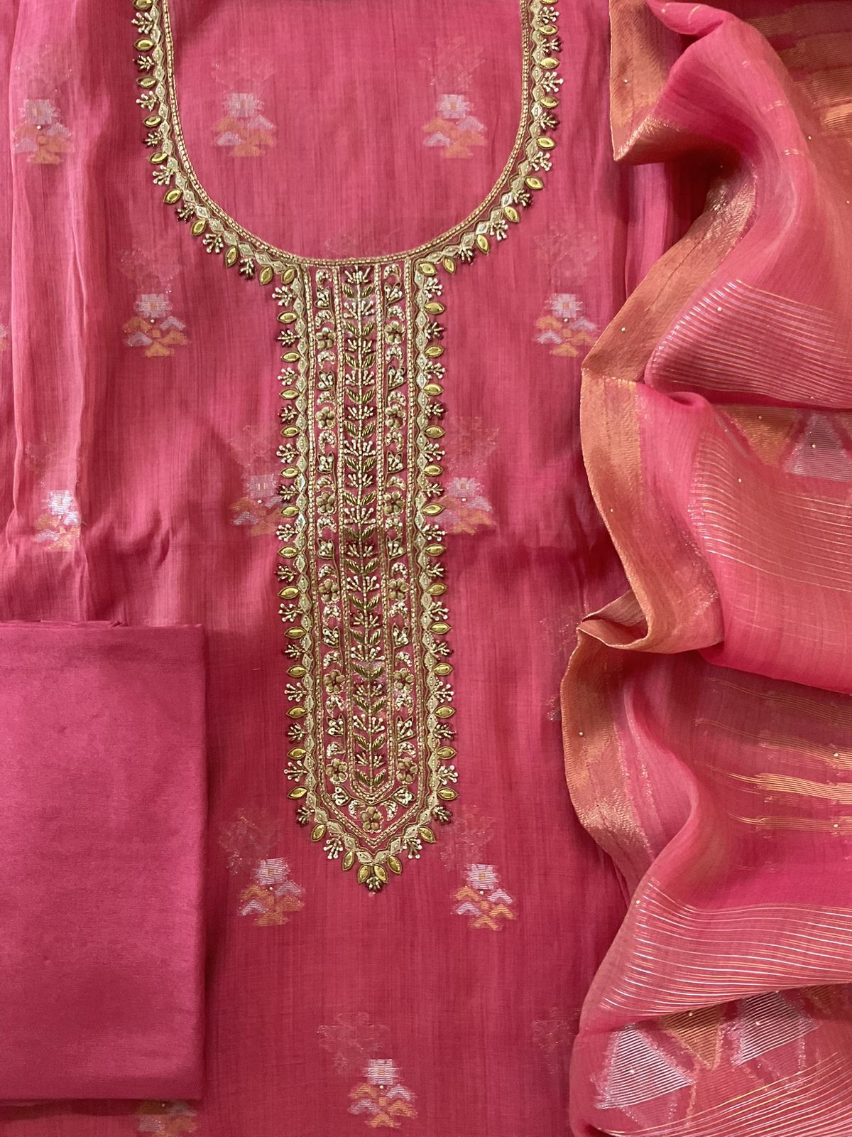 Pure Slub Chanderi Banarasi Weaved Embroidered Suit - Pink