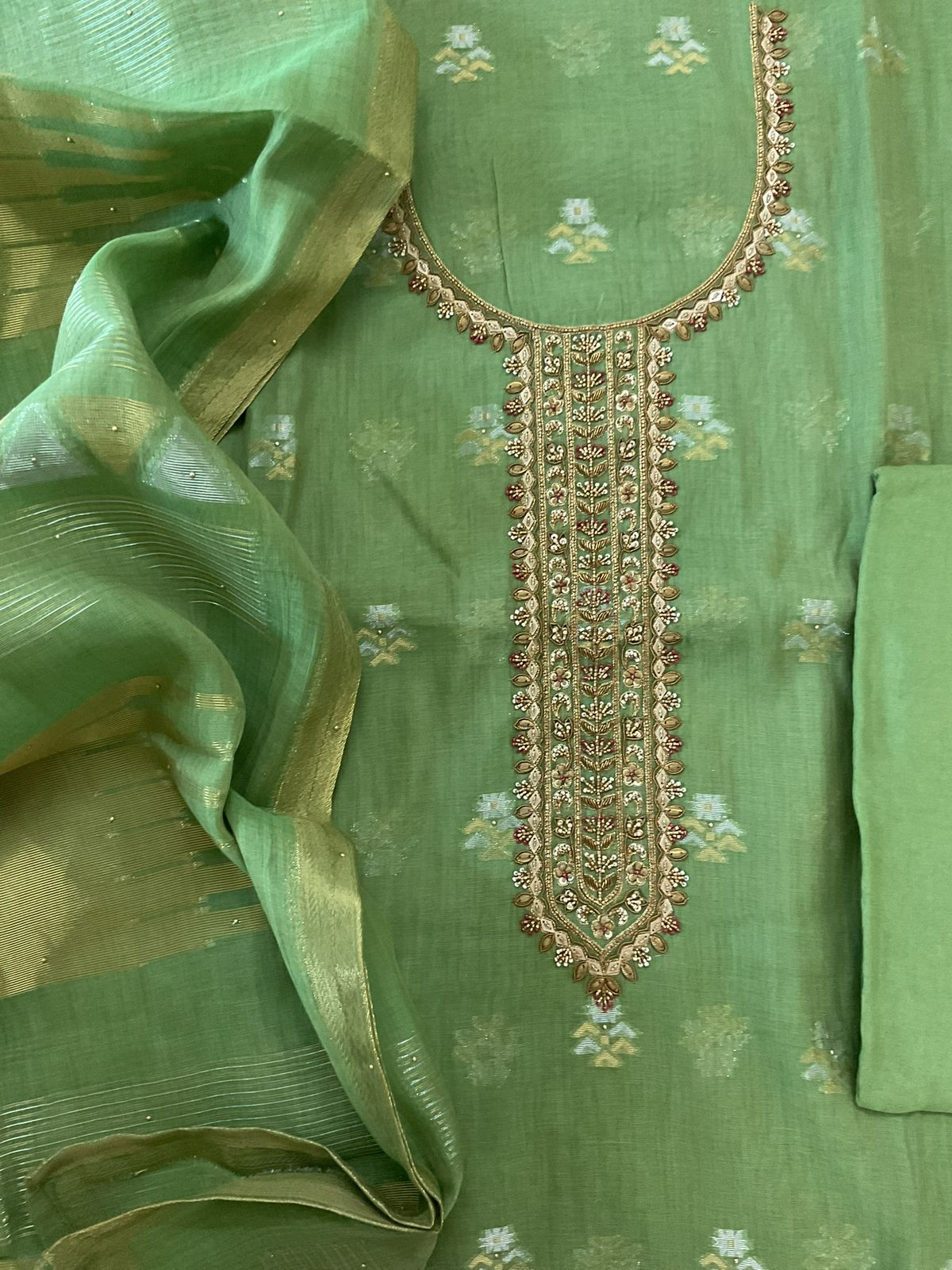 Pure Slub Chanderi Banarasi Weaved Embroidered Suit - Green