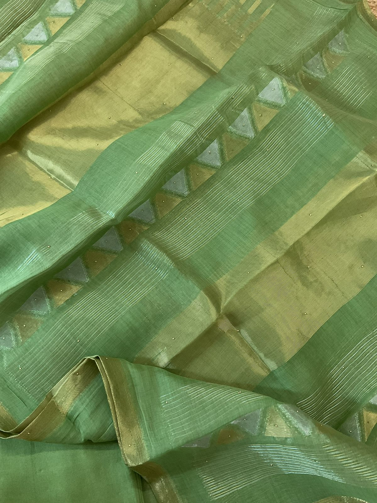 Pure Slub Chanderi Banarasi Weaved Embroidered Suit - Green