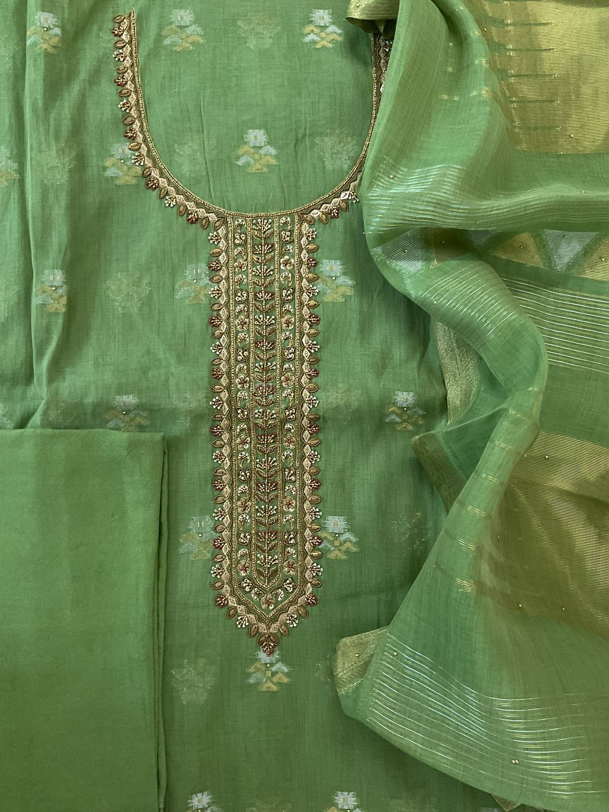 Pure Slub Chanderi Banarasi Weaved Embroidered Suit - Green