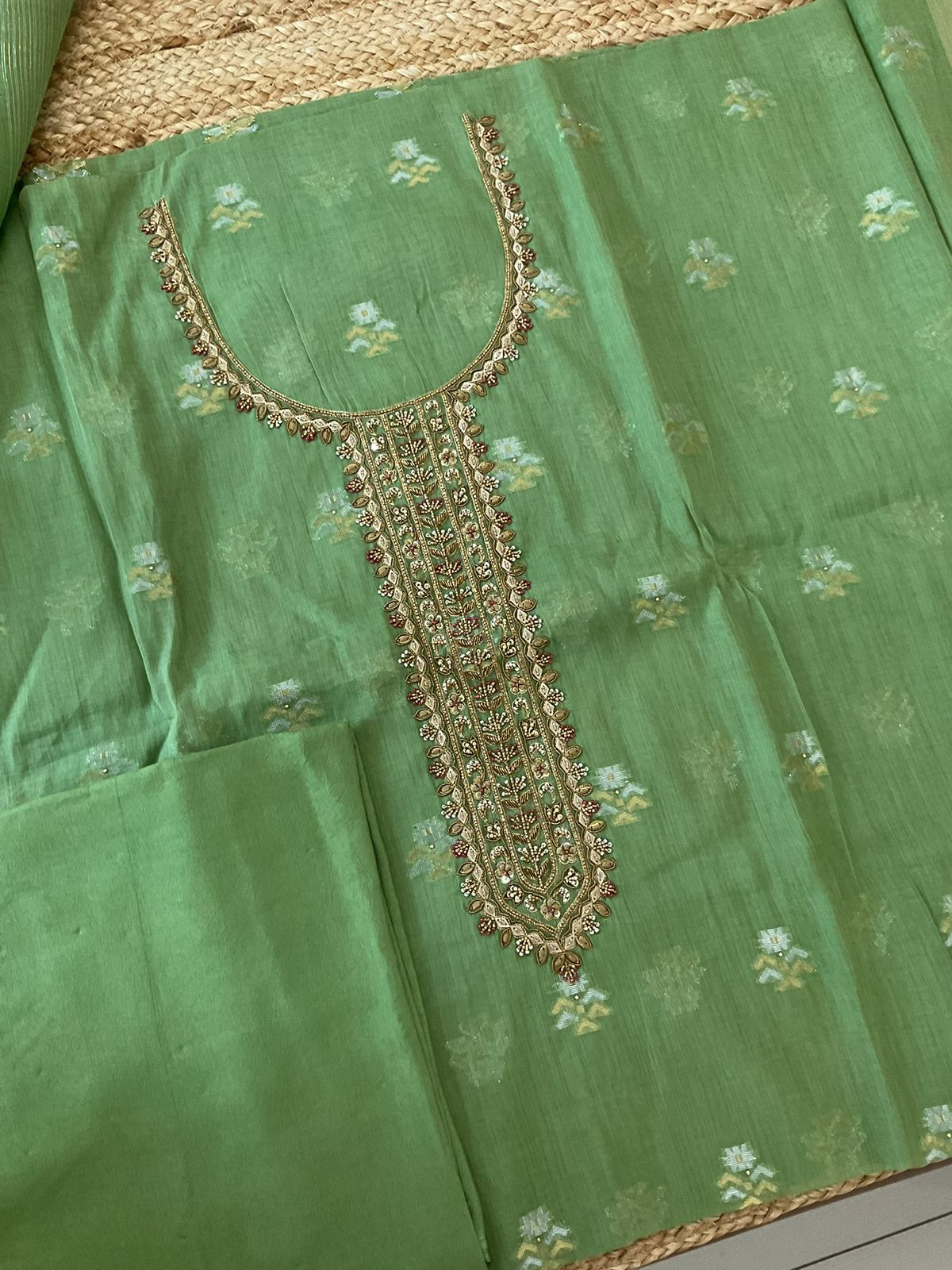 Pure Slub Chanderi Banarasi Weaved Embroidered Suit - Green