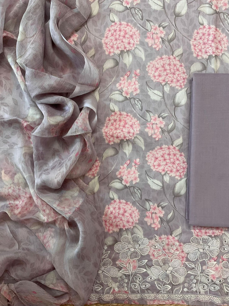 Image of Pure Jaam Cotton Printed Embroidered Suit - Lilac