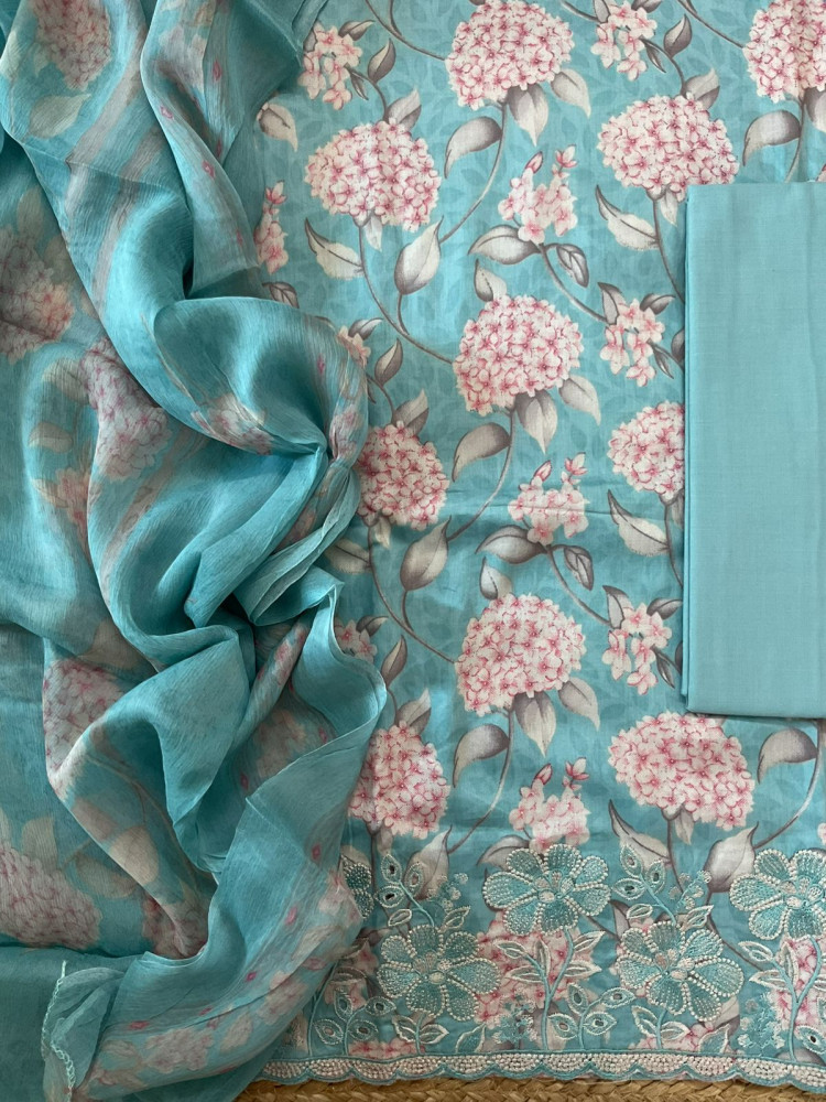 Image of Pure Jaam Cotton Printed Embroidered Suit - Blue