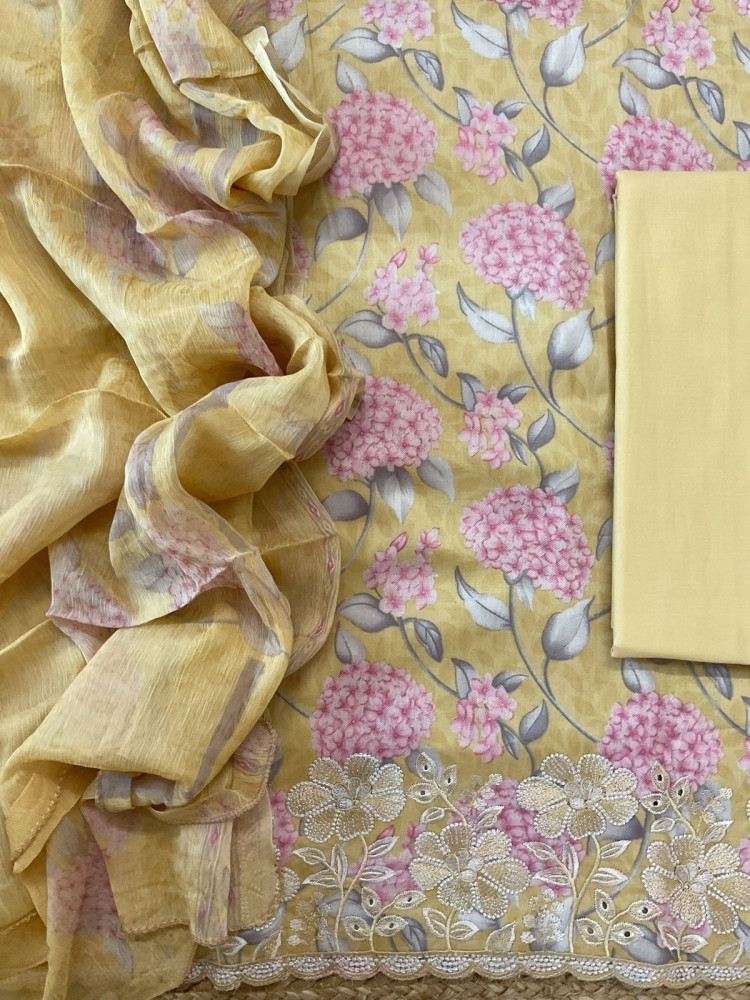 Image of Pure Jaam Cotton Printed Embroidered Suit - Yellow