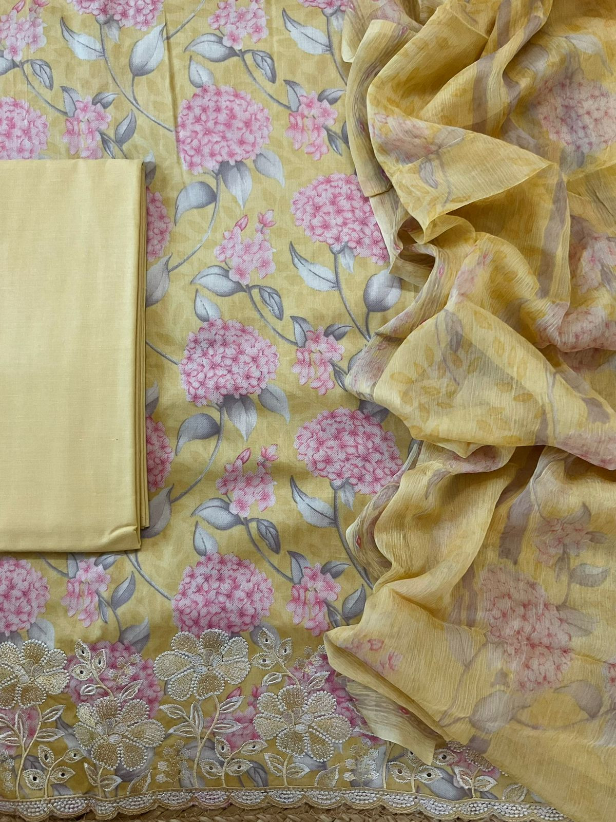 Pure Jaam Cotton Printed Embroidered Suit - Yellow