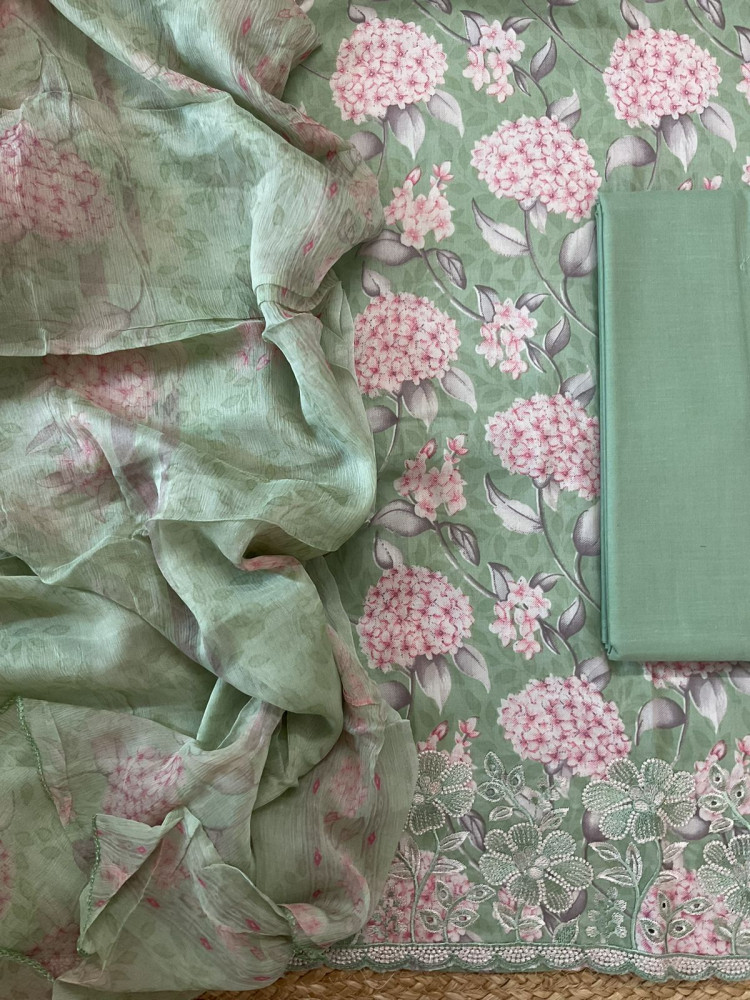 Image of Pure Jaam Cotton Printed Embroidered Suit - Green