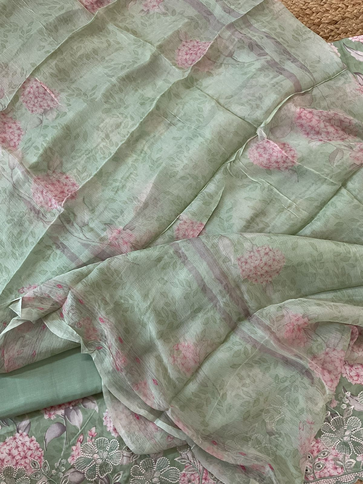 Pure Jaam Cotton Printed Embroidered Suit - Green