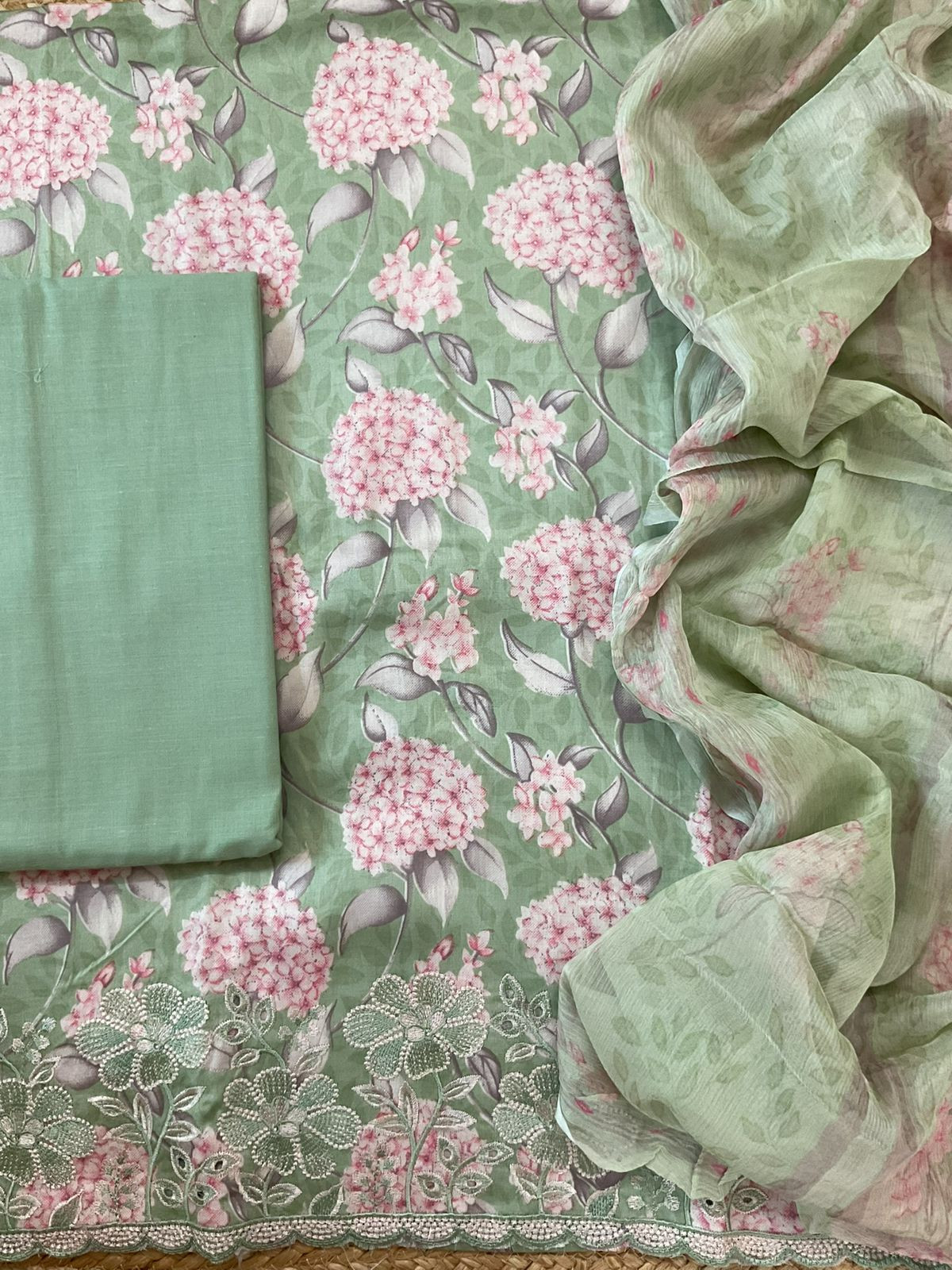 Pure Jaam Cotton Printed Embroidered Suit - Green