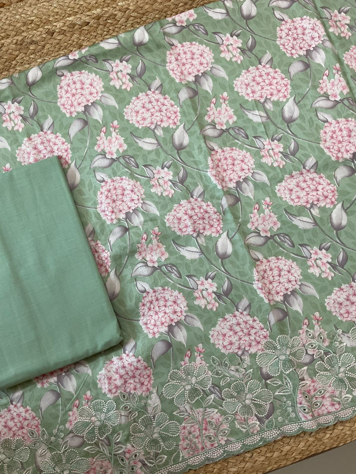 Pure Jaam Cotton Printed Embroidered Suit - Green