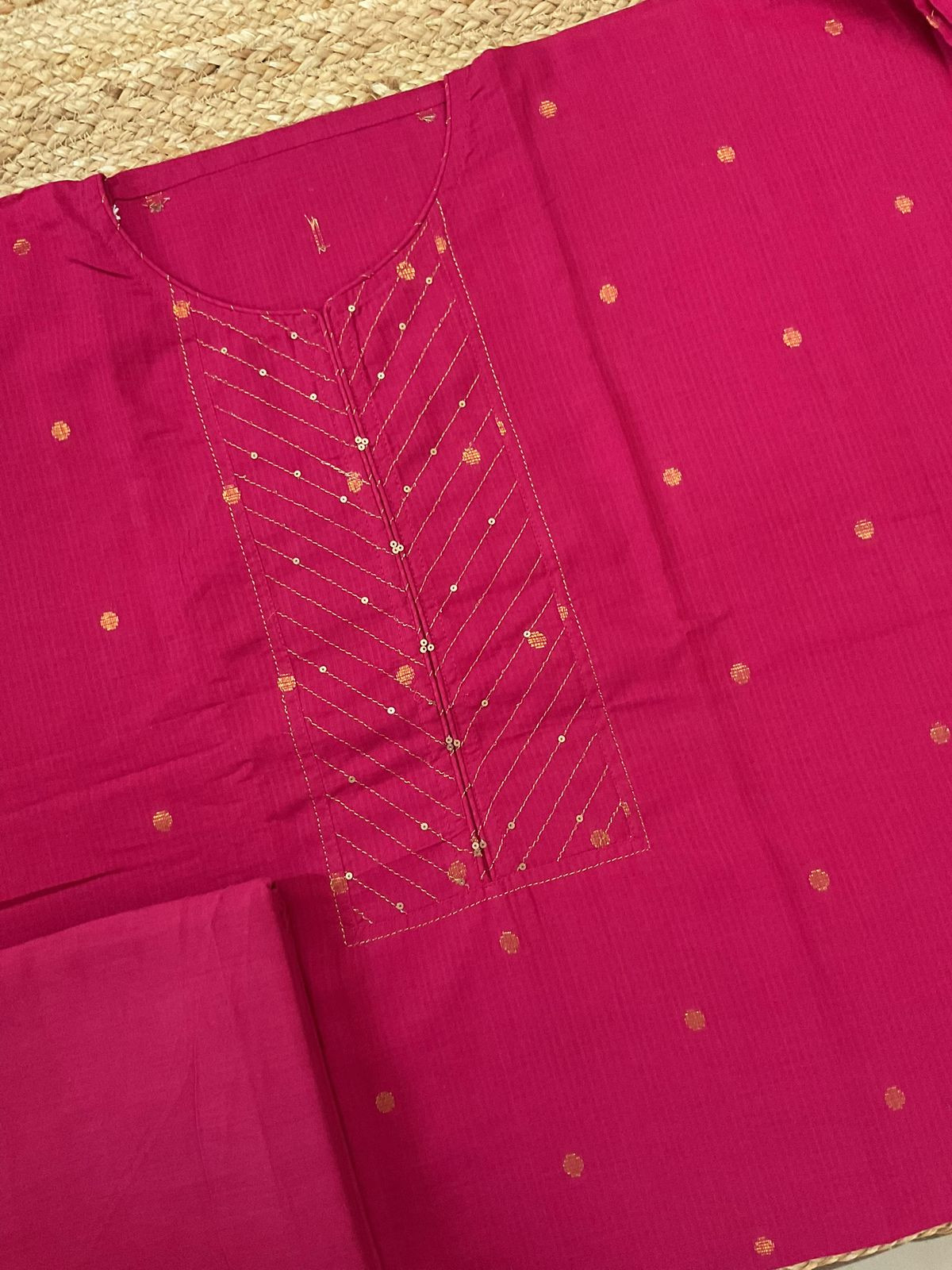 Pure Handloom Cotton Self Weaved Embroidered Suit - Pink