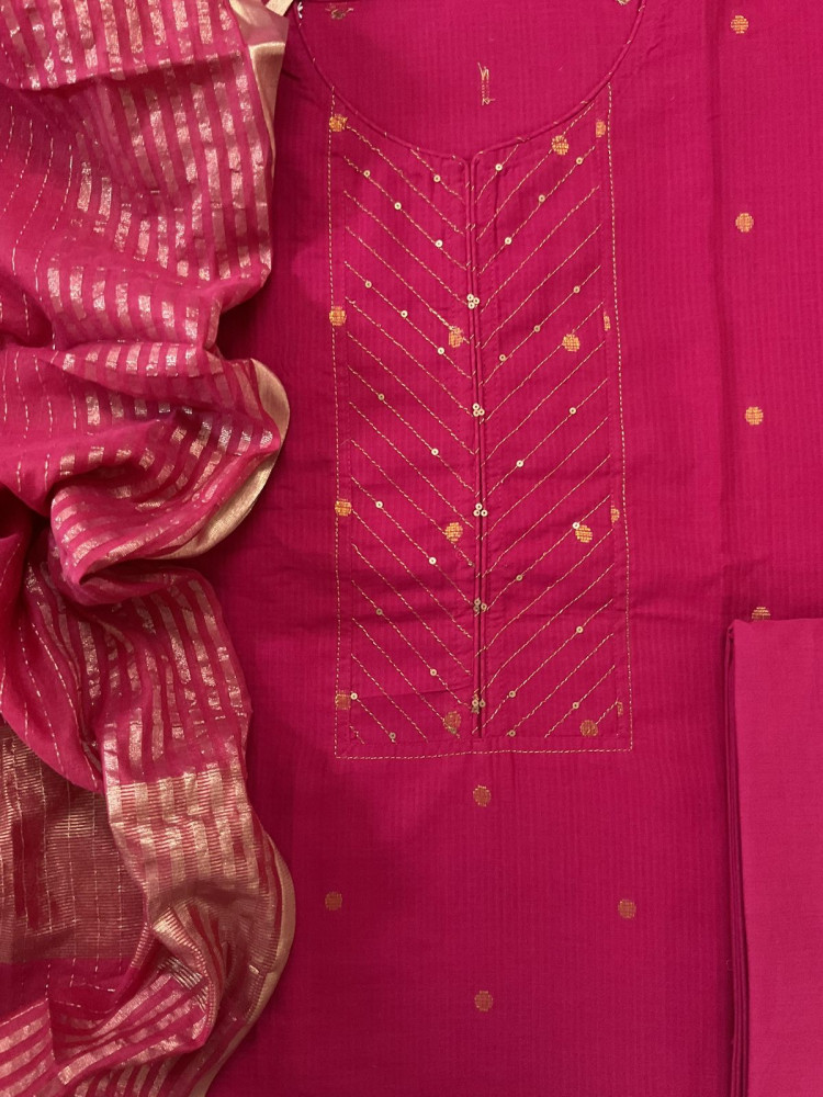 Image of Pure Handloom Cotton Self Weaved Embroidered Suit - Pink