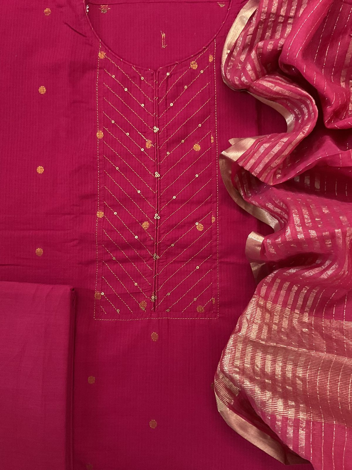Pure Handloom Cotton Self Weaved Embroidered Suit - Pink