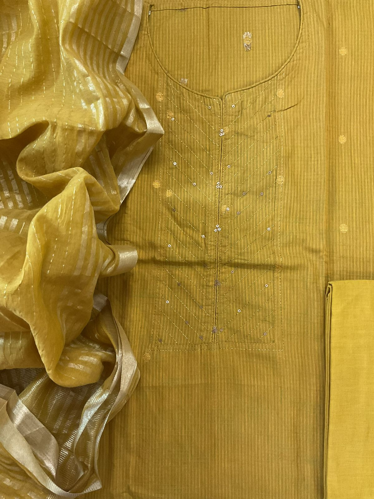 Pure Handloom Cotton Self Weaved Embroidered Suit - Mustard