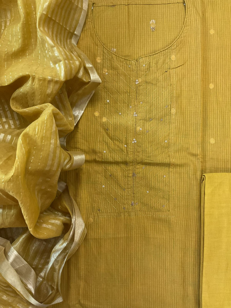 Image of Pure Handloom Cotton Self Weaved Embroidered Suit - Mustard