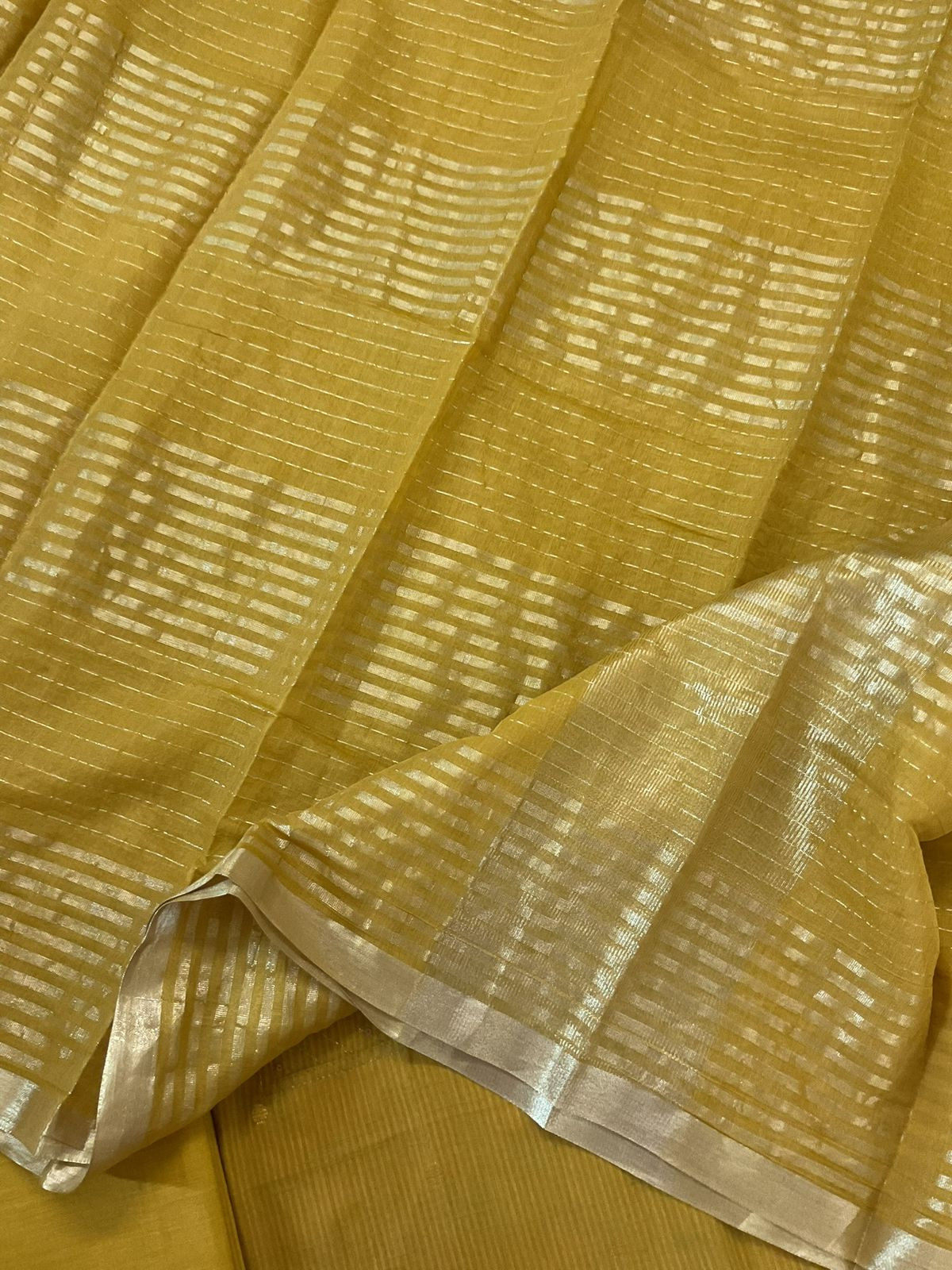 Pure Handloom Cotton Self Weaved Embroidered Suit - Mustard