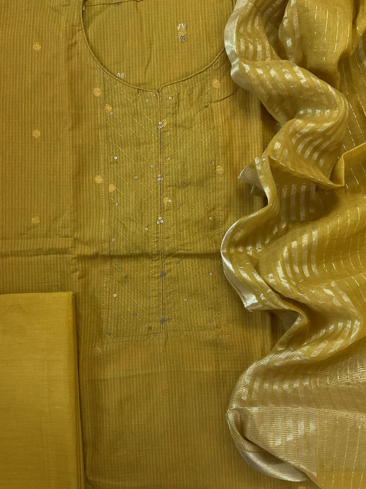 Pure Handloom Cotton Self Weaved Embroidered Suit - Mustard