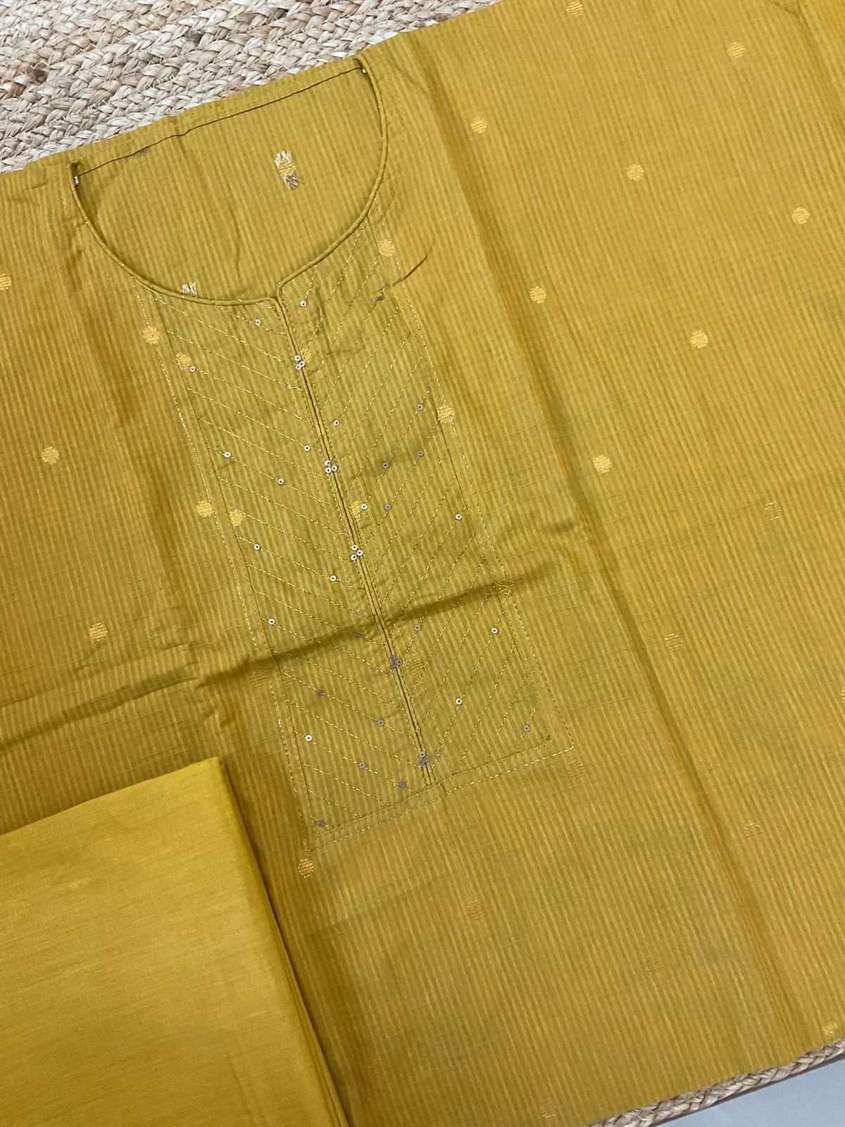 Pure Handloom Cotton Self Weaved Embroidered Suit - Mustard