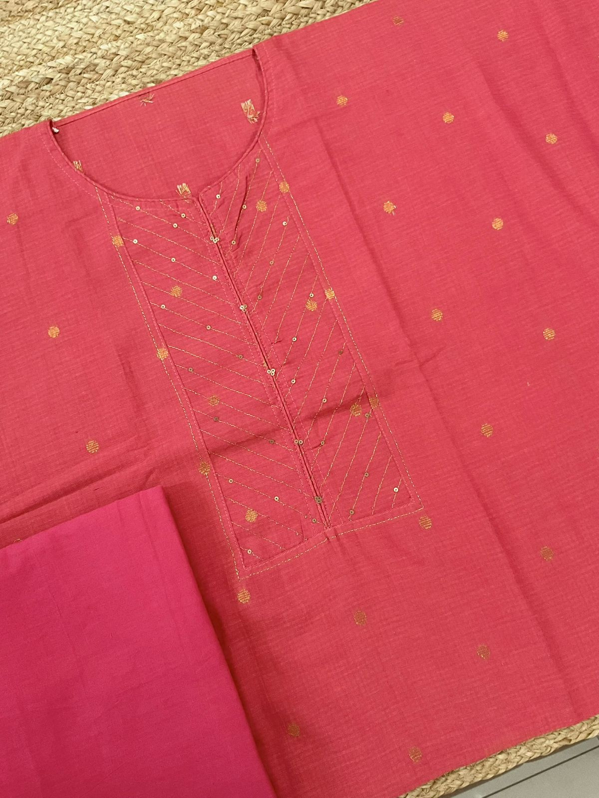 Pure Handloom Cotton Self Weaved Embroidered Suit - Peach