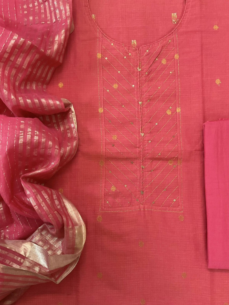 Image of Pure Handloom Cotton Self Weaved Embroidered Suit - Peach
