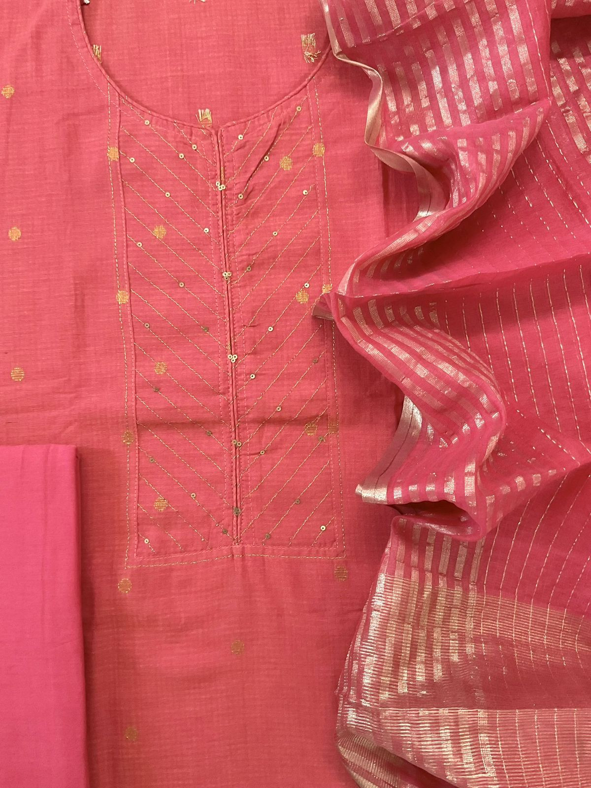 Pure Handloom Cotton Self Weaved Embroidered Suit - Peach