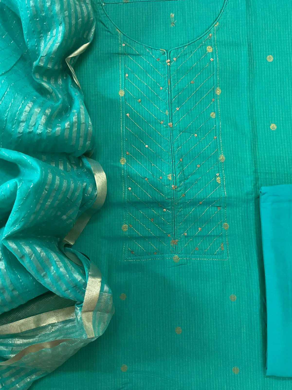 Pure Handloom Cotton Self Weaved Embroidered Suit - Sea Green
