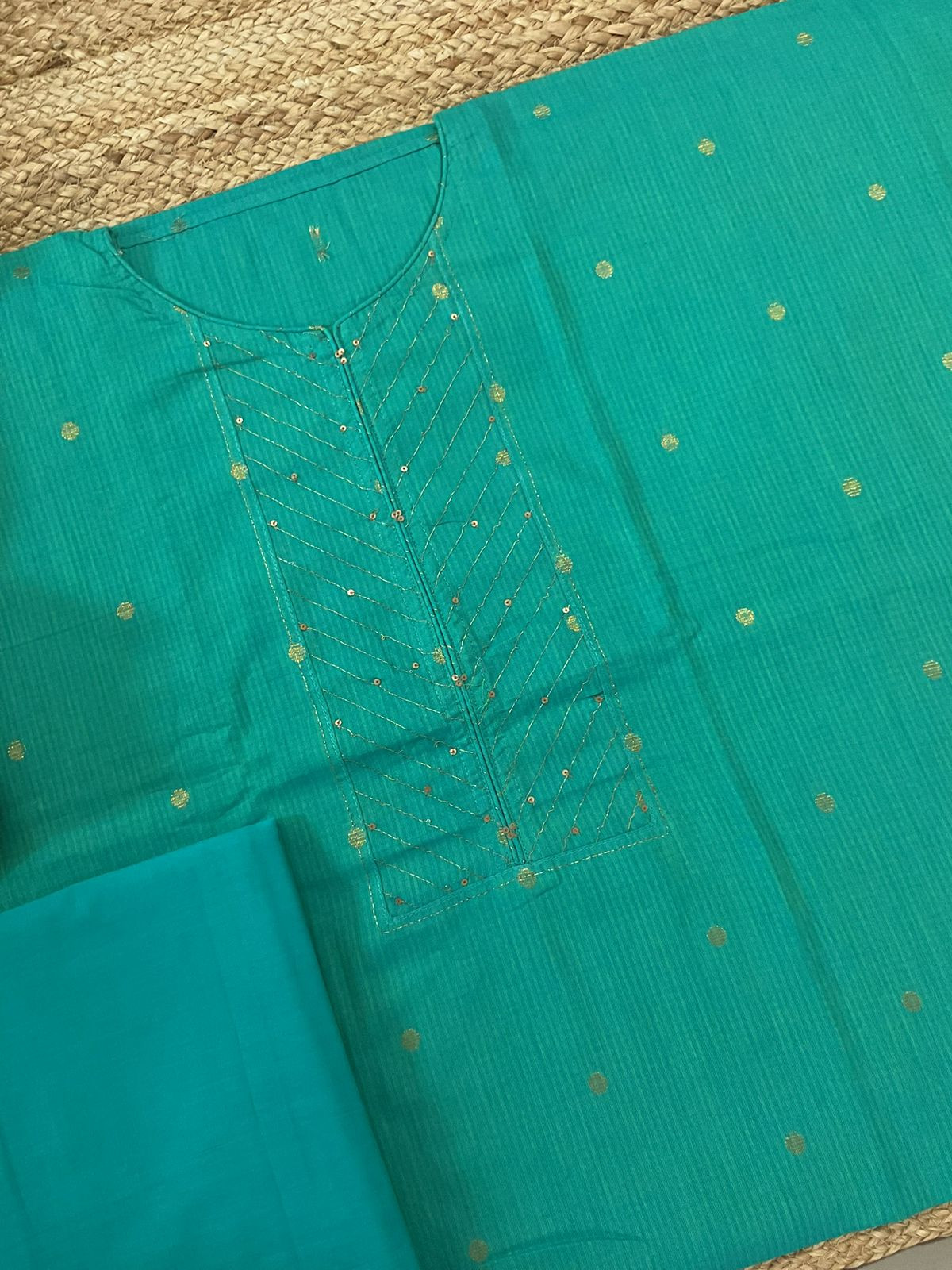 Pure Handloom Cotton Self Weaved Embroidered Suit - Sea Green