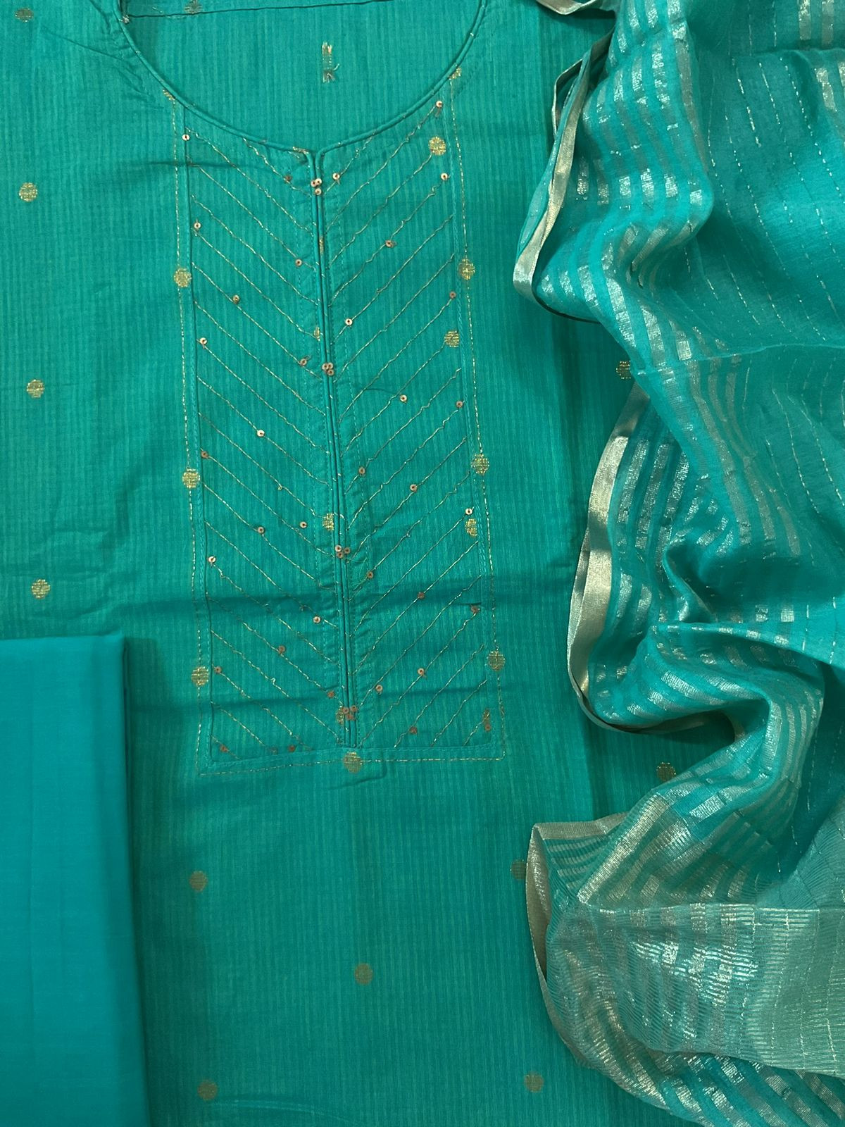 Pure Handloom Cotton Self Weaved Embroidered Suit - Sea Green