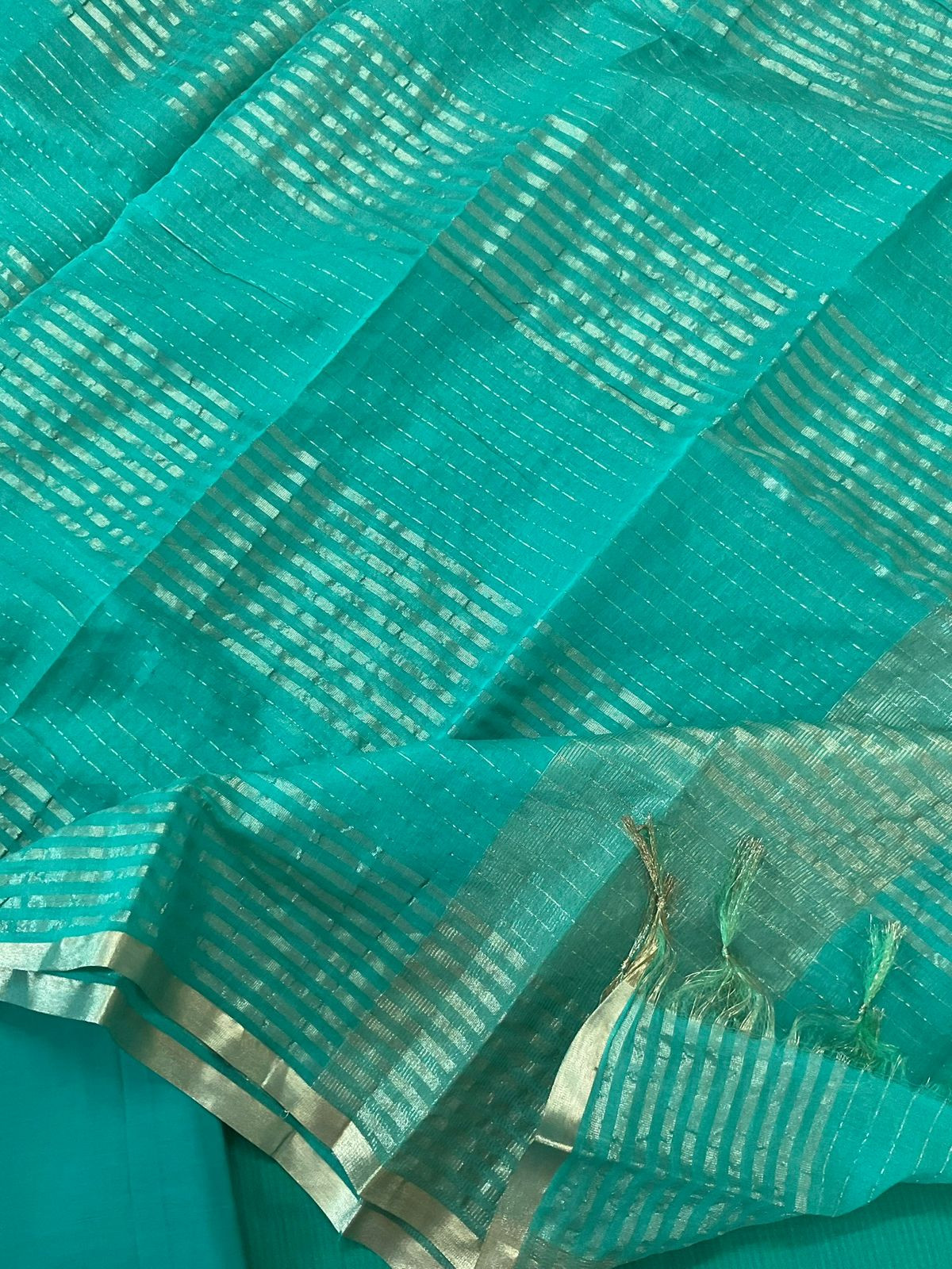 Pure Handloom Cotton Self Weaved Embroidered Suit - Sea Green