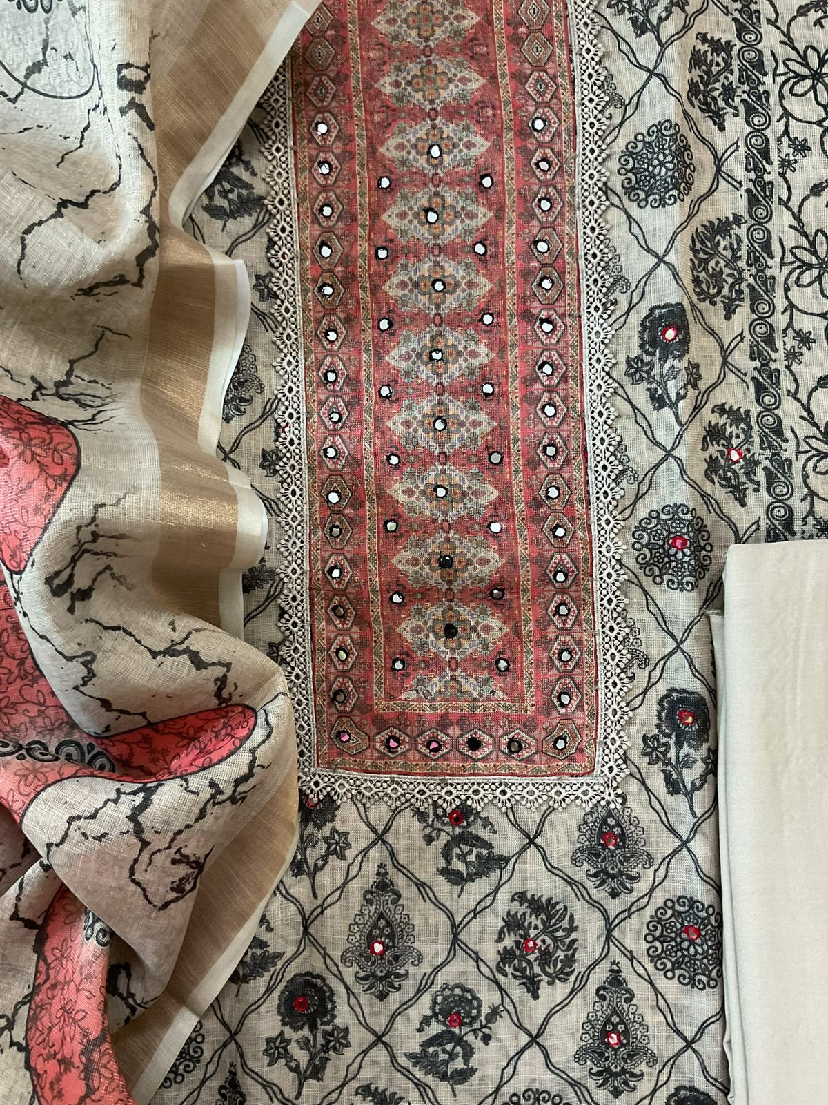 Soft Tissue Slub Cotton Printed Embroidered Suit - Beige