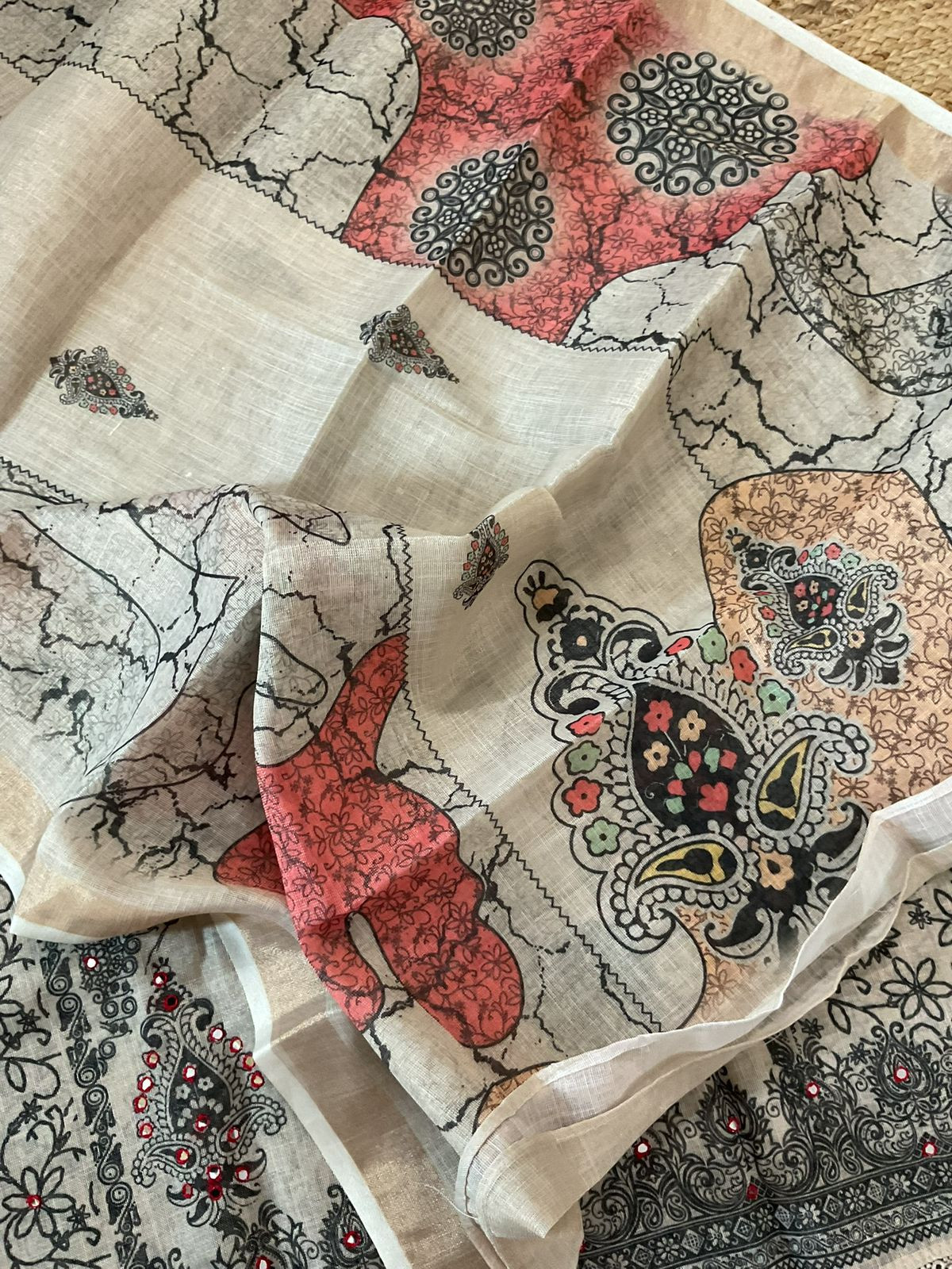 Soft Tissue Slub Cotton Printed Embroidered Suit - Beige