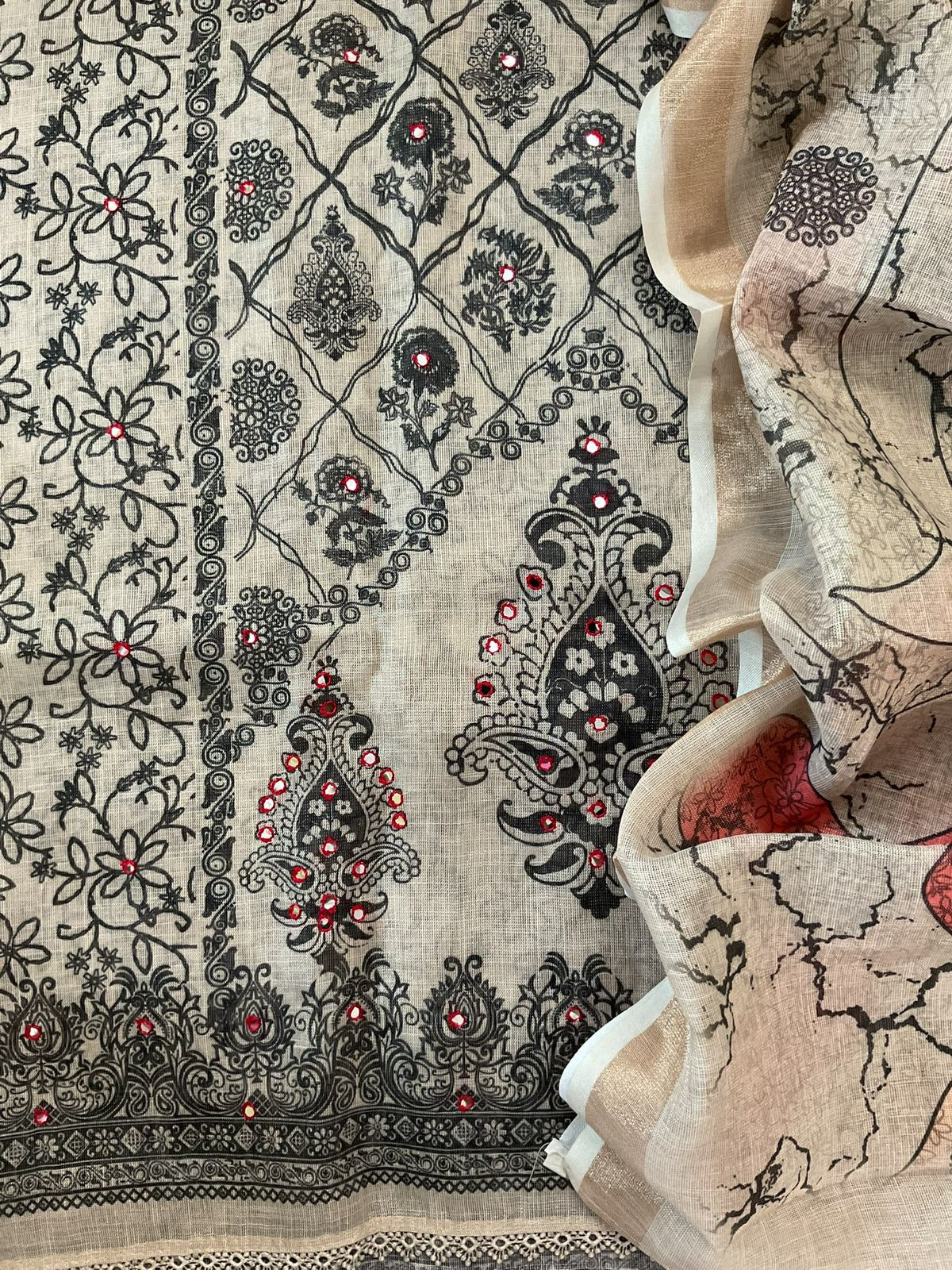 Soft Tissue Slub Cotton Printed Embroidered Suit - Beige