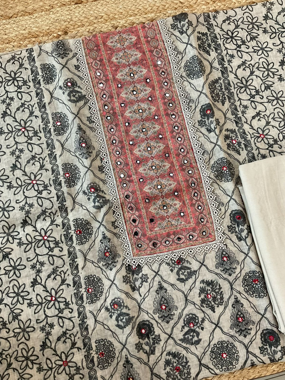 Soft Tissue Slub Cotton Printed Embroidered Suit - Beige