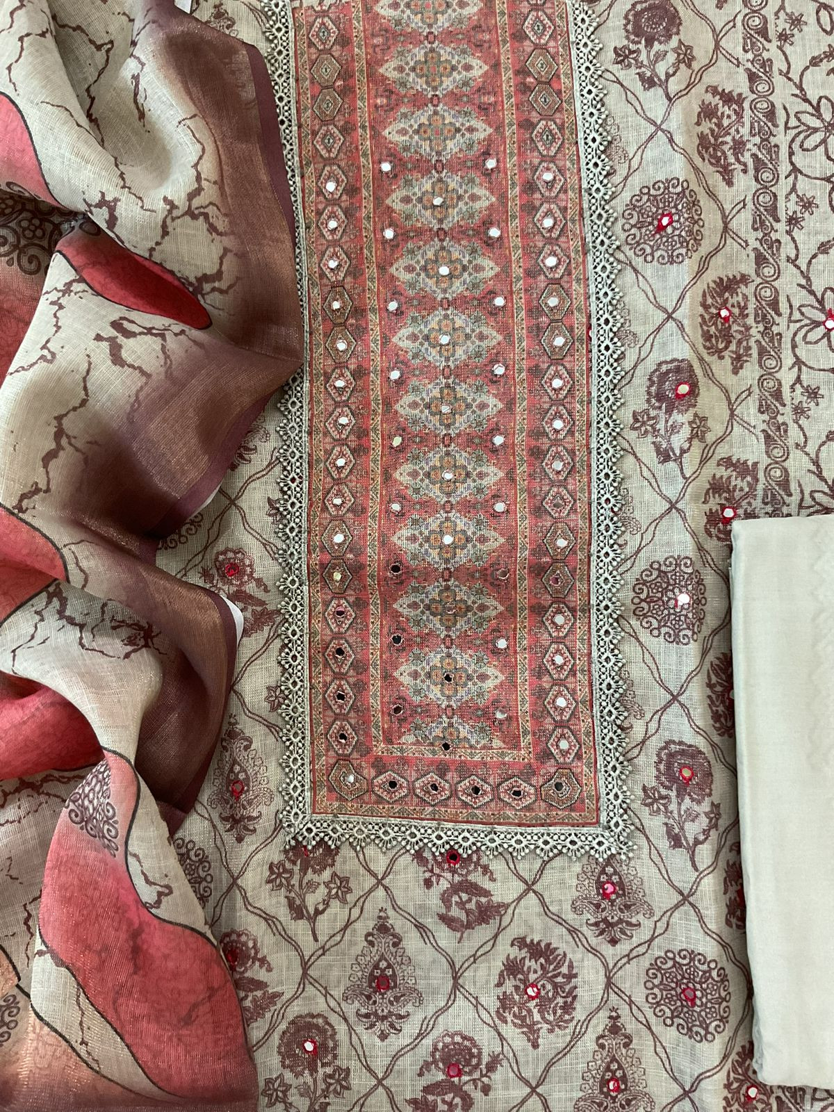 Soft Tissue Slub Cotton Printed Embroidered Suit - Beige